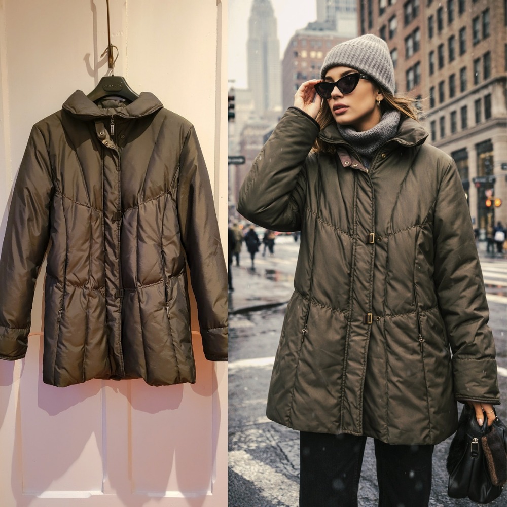 Down Duvet Puffer Winter Coat Olive green Quilted‎